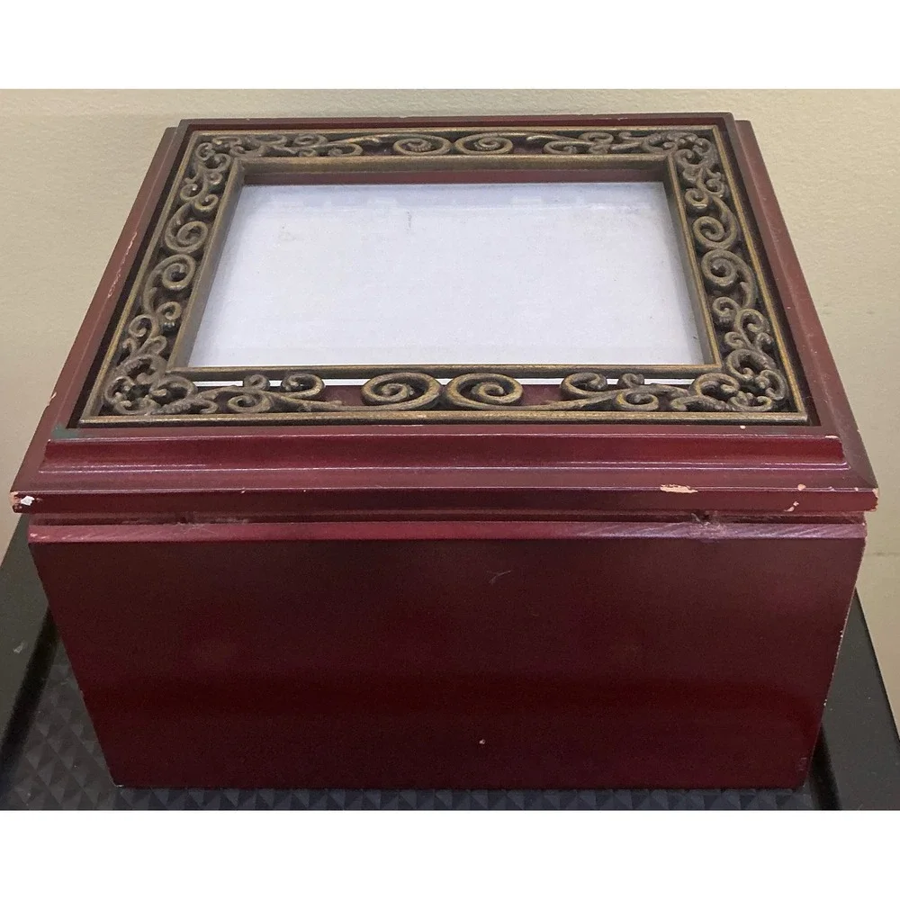 Vintage Wooden Photo Storage Box Ornate Metal Frame Lid Cherry Finish Organizer